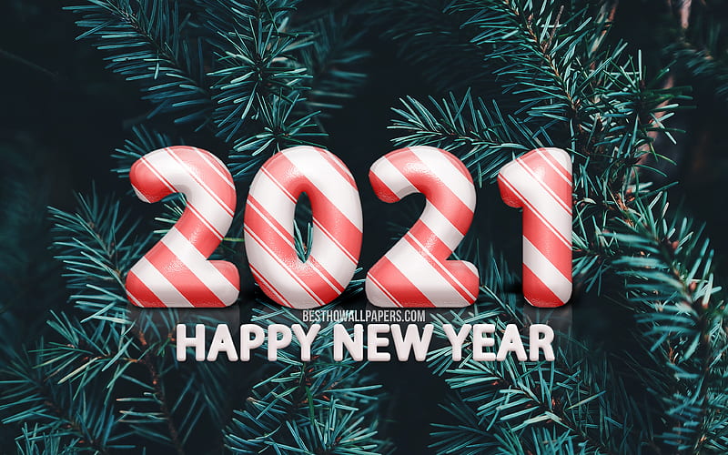2021 new year, fir-tree background, 2021 3D candy digits, 2021 concepts, 2021 on fir-tree background, 2021 year digits, Happy New Year 2021, HD wallpaper