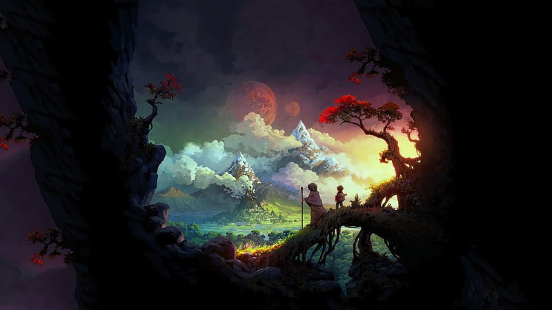 wanderer, fairies, sunset, fantasy world, mountain, clouds, forest, Fantasy, HD wallpaper