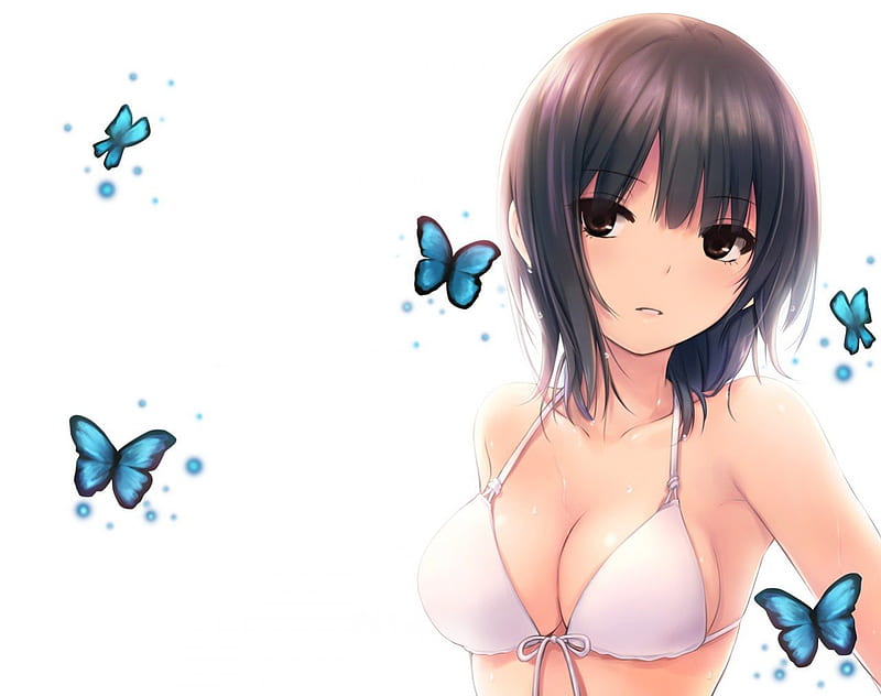 Aoyama Sumika, Blue Butterfly, Swim Suit, Short Hair, Butterfly, Brunette, White Swim Suit, Girl, Blue, HD wallpaper