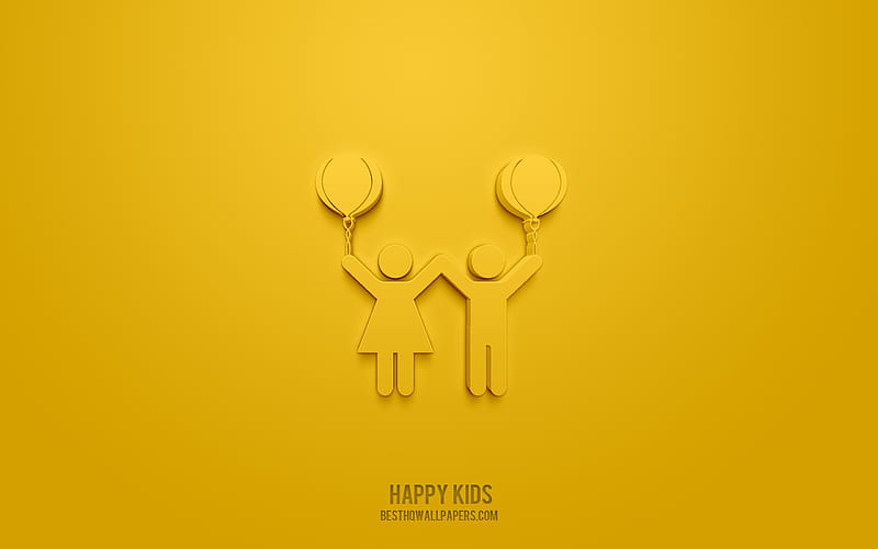Happy kids 3d icon, yellow background, 3d symbols, Happy kids, Family icons, 3d icons, Happy kids sign, Family 3d icons, HD wallpaper