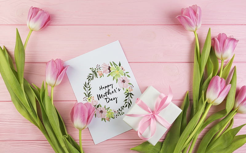 Mother's Day, present, panels, ribbon, box, bow, Mothers Day, gift, card, still life, Happy Mothers Day, flowers, tulips, pink, wood, HD wallpaper