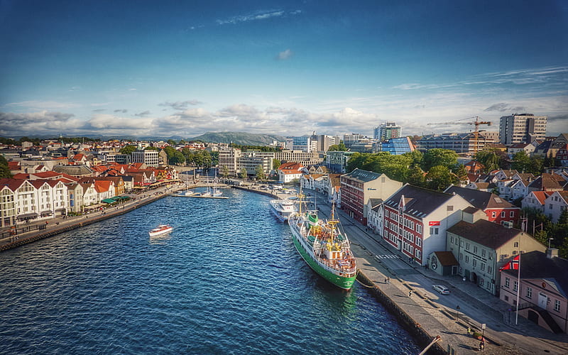 Stavanger, evening, cityscape, port, ships, Norway, flag of Norway, HD wallpaper