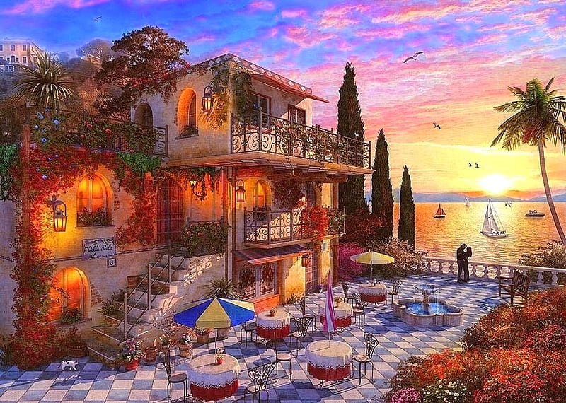 Sunset at Med Villa, dinner, mediterranean, oceans, tables, romantic, love four seasons, attractions in dreams, villa, sea, paintings, paradise, sunsets, summer, chairs, nature, HD wallpaper