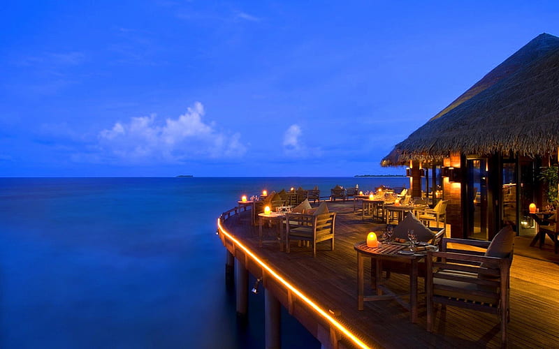 Restaurant - Maldives, restaurants, romantic, Maldives, ocean, Wharf, love four seasons, attractions in dreams, resorts, bungalows, HD wallpaper