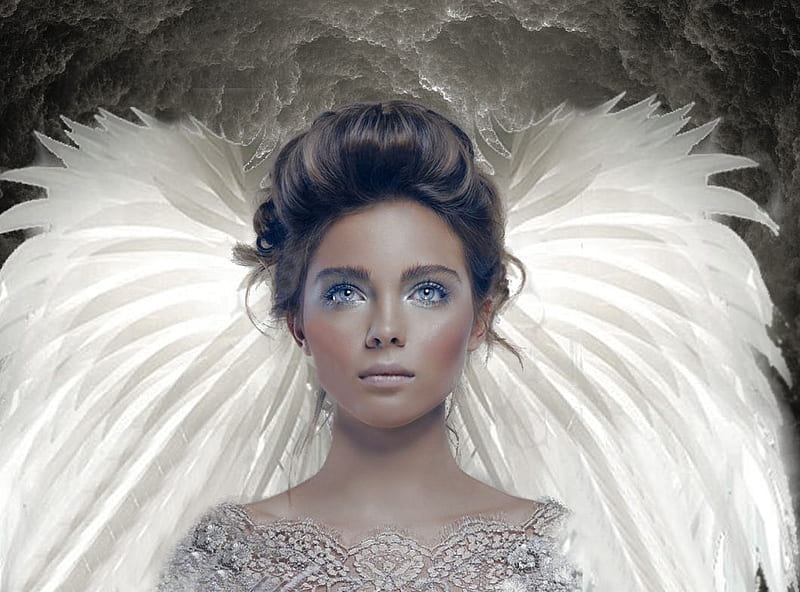 Angel, flesh tone, female, wings, black, woman, hair, girl, gris, white, eyes, pink, blue, HD wallpaper