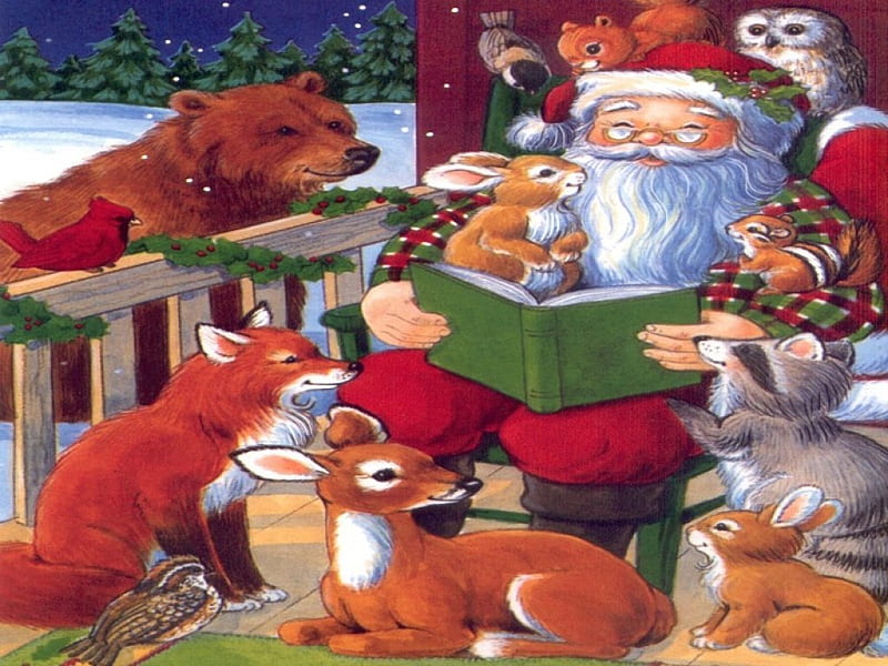 Story Time, red, forest, suit, book, baby, deer, rocking, santa, porch, chair, claus, friends, HD wallpaper