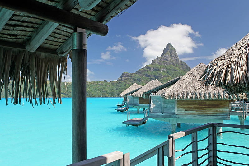 View out of Water Villa Bungalow over clear blue lagoon on Paradise Island Bora Bora near Tahiti Polynesia, polynesia, resort, reef, french, retreat, bungalow, atoll, lagoon, beach, bungalows, islands, holiday, ocean, pacific, coral, south, water, society, paradise, white, seas, southseas, villa, sea, bora bora, sand, room, polynesian, blue, hotel, exotic, escape, suite, island, tropical, tahiti, villas, HD wallpaper