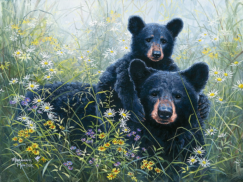 Mom's lookout, mothers love, painting, abraham hunter, bear, cub, pictura, moms lookout, art, urs, flower, HD wallpaper