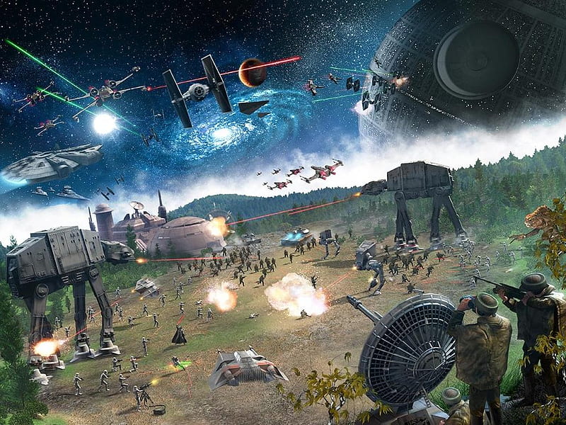 star wars collage, at ats, firing, buildings, explosions, millenium falcon, galaxy, star destroyers, death star, tie fighters, rebel fighters, storm troopers, x wings, HD wallpaper