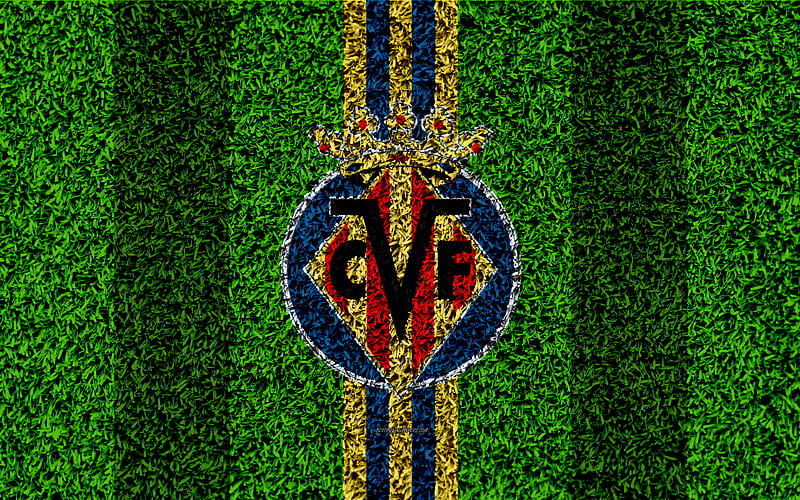 Villarreal CF logo, football lawn, Spanish football club, yellow blue lines, grass texture, emblem, Villarreal, Spain, football, Villarreal FC, HD wallpaper