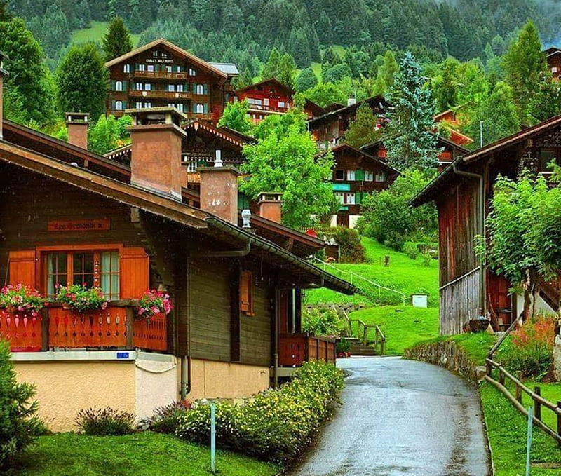 Switzerland, graphy, green, travel, houses, path, beauty, nature, HD wallpaper