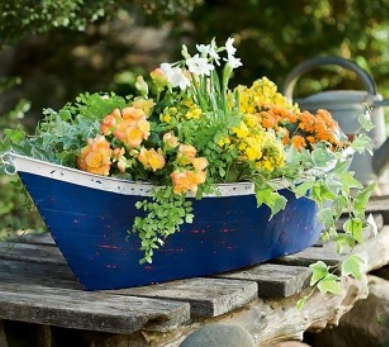 ✿ Boat with flowers ✿, outdoor design, blue boat, pots, boat, woodbridge, flowers, garden, colourfull flowers, HD wallpaper