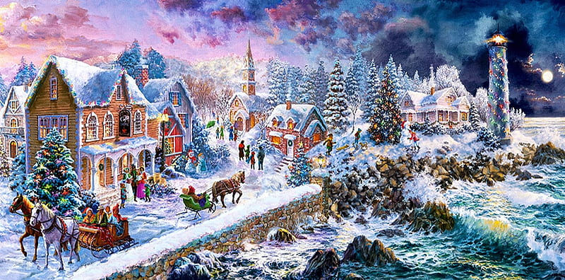 Christmas Village At The Sea, sleigh, rocks, houses, church, horse, artwork, lighthouse, winter, water, snow, painting, HD wallpaper