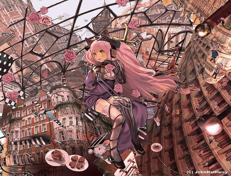 Alice in Wonderland, open book, cake, house, original, saucer, rose, striped, book, mousegirl, thighhighs, pastry, hot, scenery, long hair, headphone, window, food, cover, john hathway, cat ears, sexy, microphone, cool, heart, striped legwear, plate, bunny, pink hair, fork, HD wallpaper