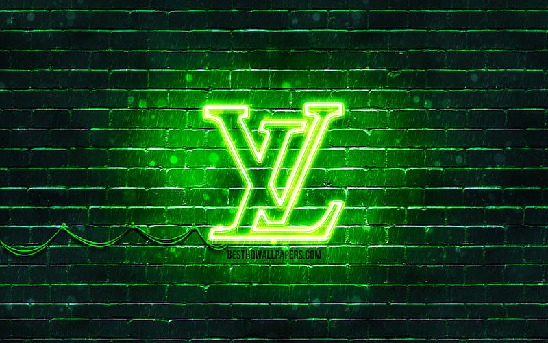 Louis Vuitton green logo green brickwall, Louis Vuitton logo, brands, Louis Vuitton neon logo, Louis Vuitton, HD wallpaper