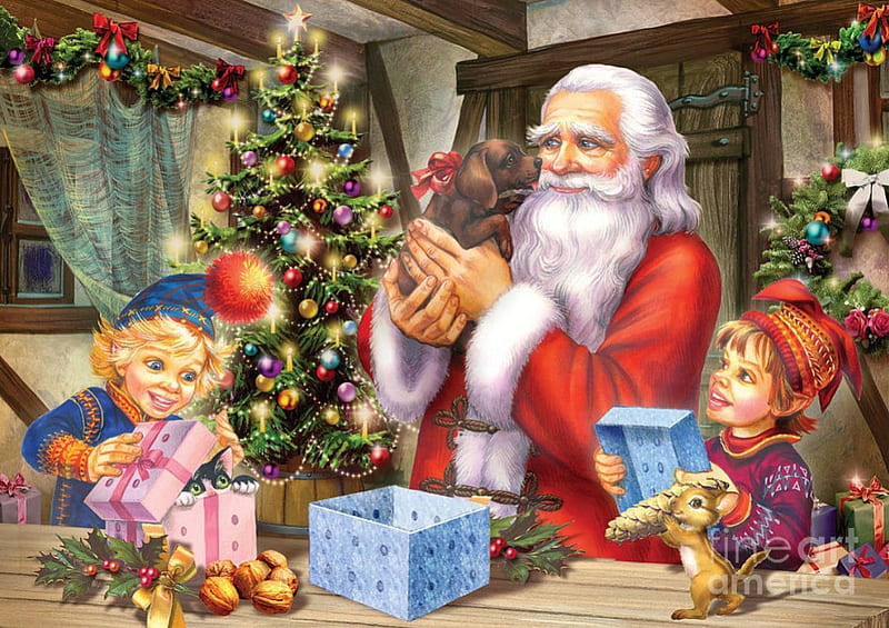 Christmas eve, tree, santa, christmas, elf, gift, HD wallpaper