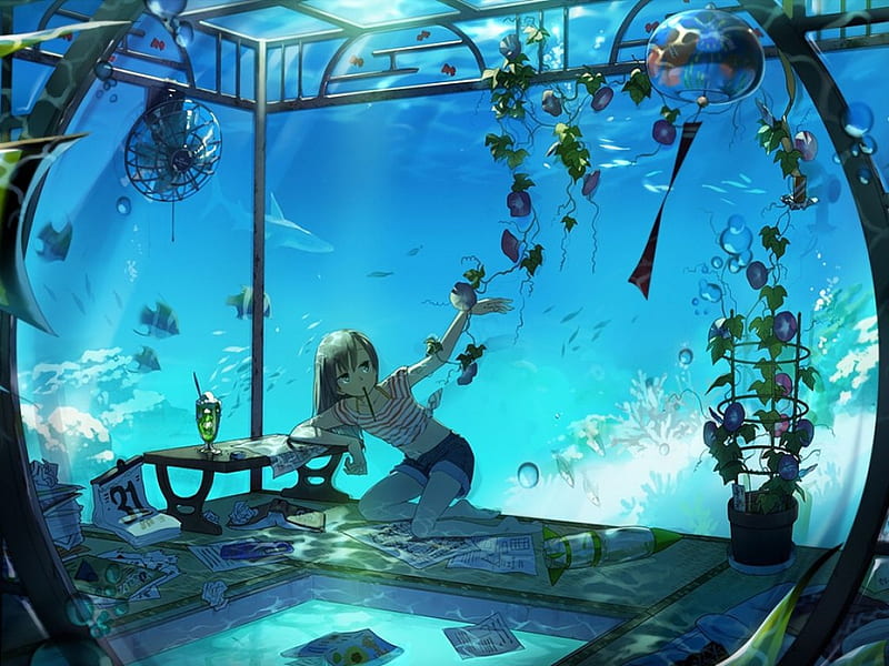 Deep Sea, pretty, glow, fish, aquarium, magic, sea, sweet, nice, fantasy, anime, anime girl, light, blue, underwater, female, lovely, water, girl, magical, HD wallpaper