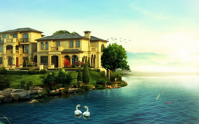 Beautiful house, coastal, house, sky, sea, HD wallpaper