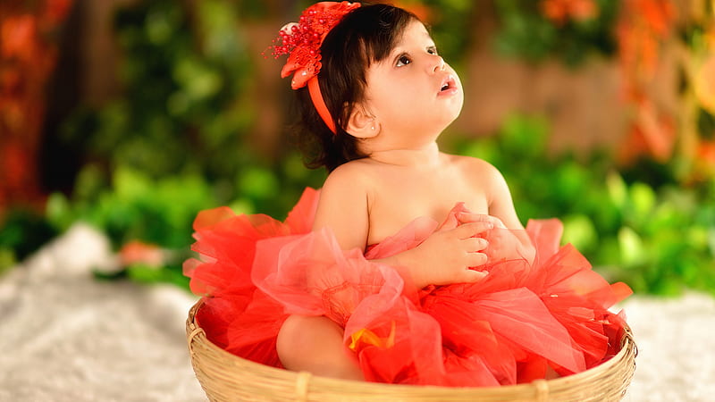 Cute Baby Girl Is Wearing Red Frock And Headband Sitting Inside Bamboo Basket Cute, HD wallpaper