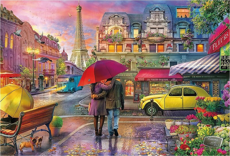 One Rainy Night in Paris, artwork, digital, umbrellas, eiffel tower, cars, street, pair, houses, HD wallpaper