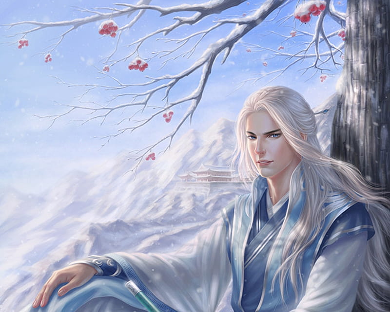 Xiaobai, luminos, crystalrain272, man, white, winter, blue, crystalrain, iarna, fantasy, HD wallpaper