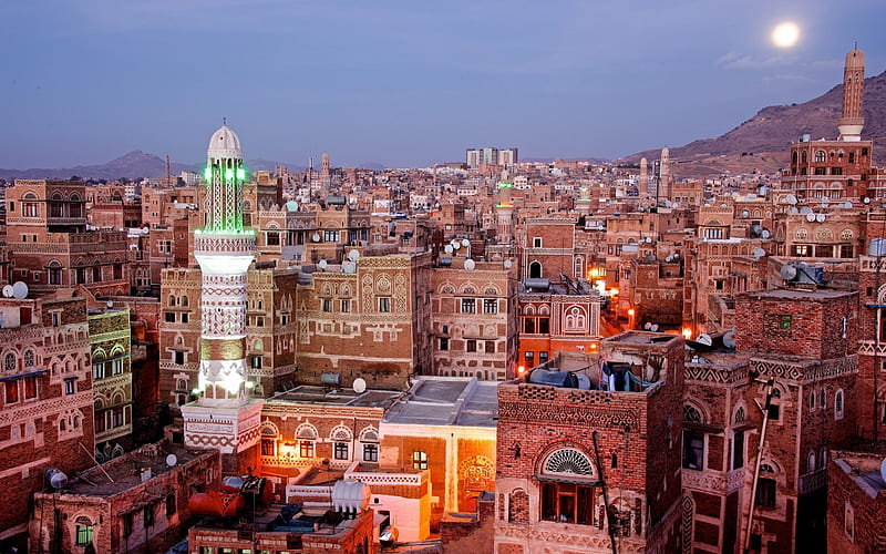 Sanaa, evening, cityscape, arabian architecture, Sana, Yemen, Arabian Peninsula, HD wallpaper