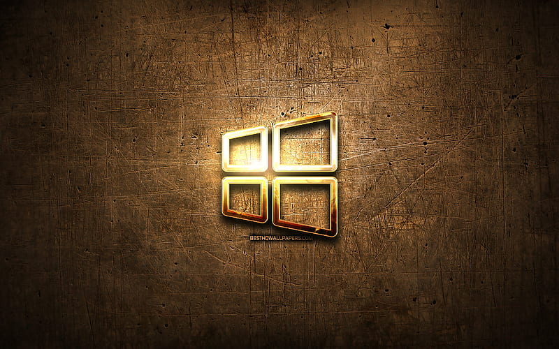 Windows 10 golden linear logo, artwork, OS, brown metal background, Windows 10, creative, Windows 10 logo, brands, Microsoft Windows 10, HD wallpaper