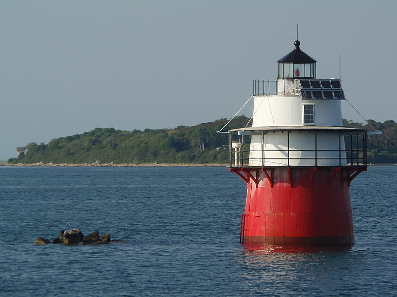 Lighthouse in Plymouth,MA, water, ocean, nature, island, sky, lighthouse, blue, HD wallpaper