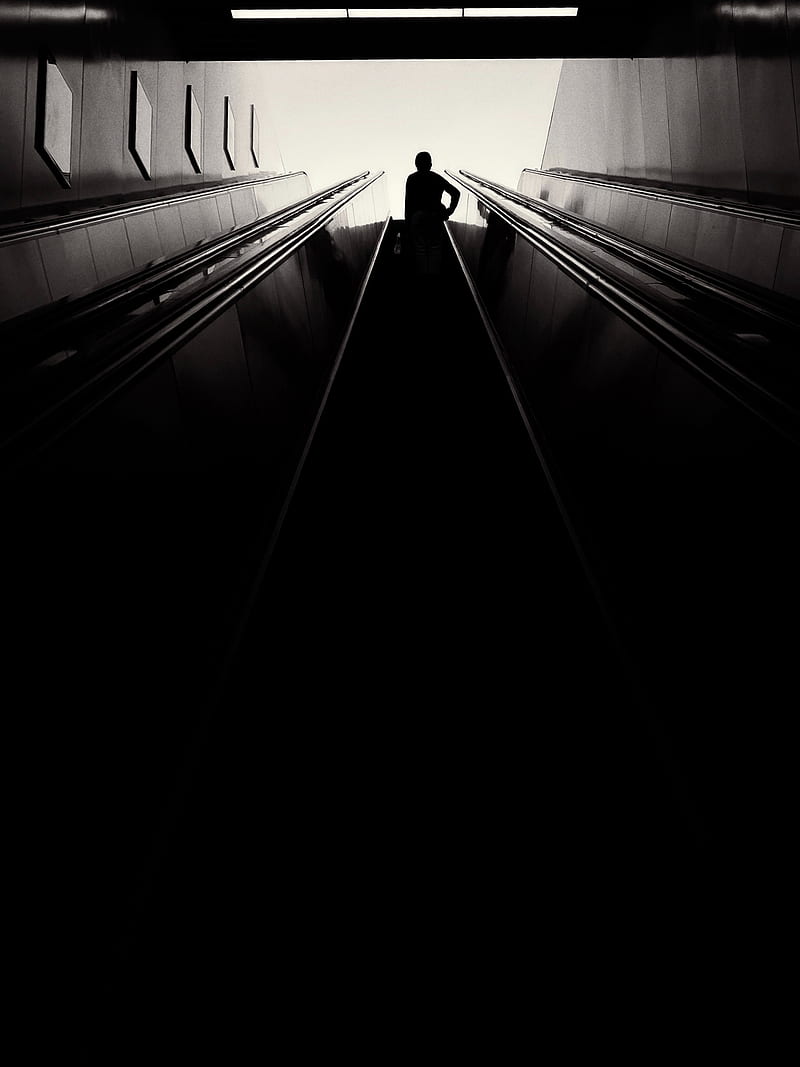 escalator, silhouette, bw, black, HD phone wallpaper