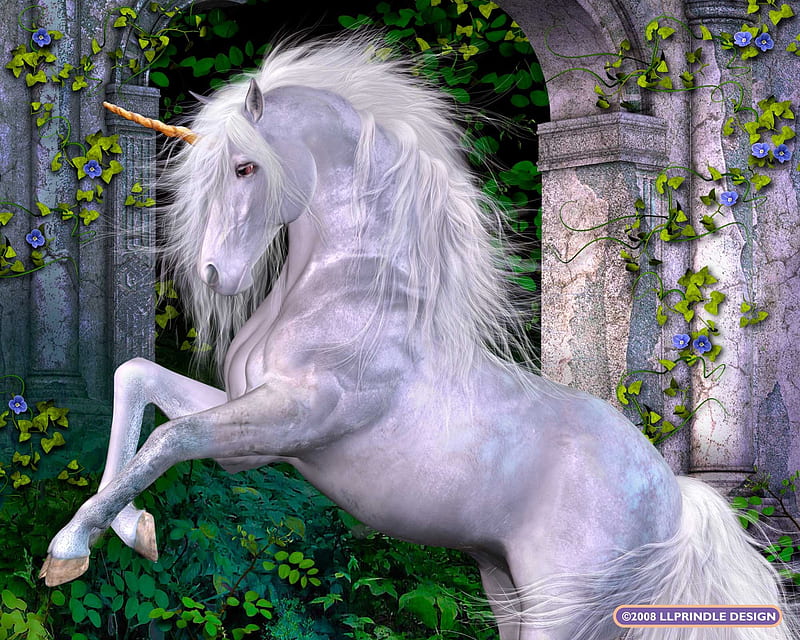 Silky Unicorn, fantasy, arch, unicorn, vines, white, silky, HD wallpaper