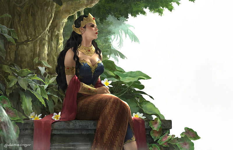 Sri Asih, girl, indah siregar, art, fantasy, frumusete, luminos, flower, HD wallpaper