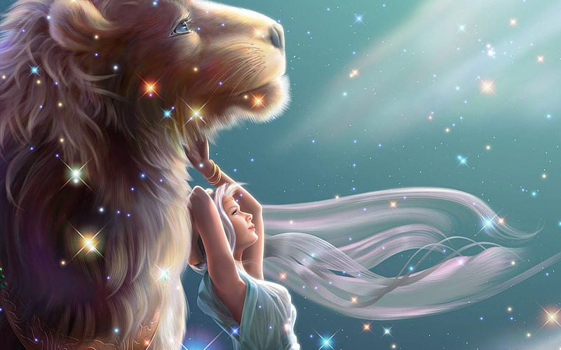 Zodiac ~ Leo, art, glitter, leo, wind, zodiac, lion, animal, kagaya, fantasy, girl, blue, HD wallpaper
