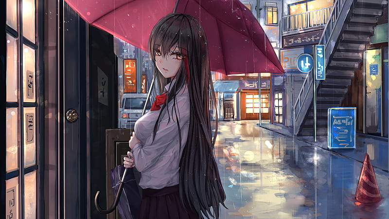 Chica anime paraguas de lluvia mirando al espectador, chica anime, anime,  artista, Fondo de pantalla HD | Peakpx
