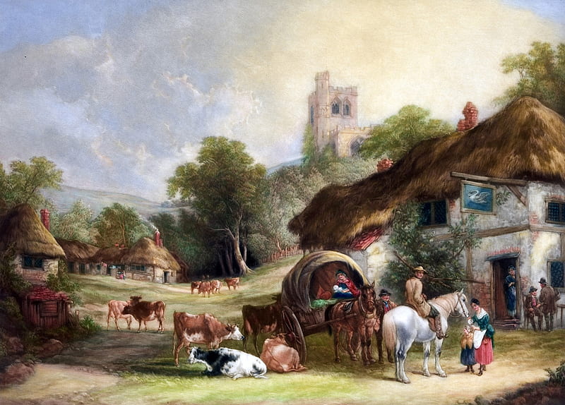 Country village, art, cow, ye olde, people, painting, horse, pictura, HD wallpaper