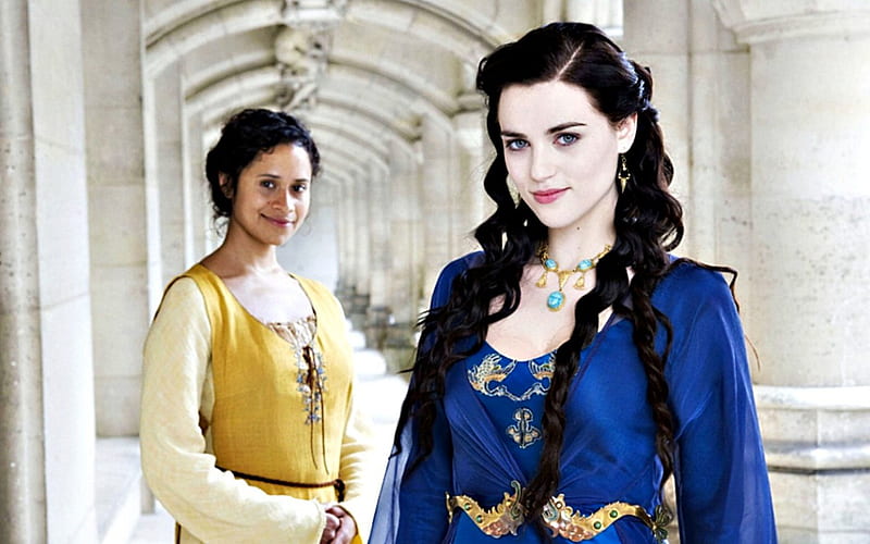 Merlin (2008– ), Gwen, Merlin, yellow, smile, woman, fantasy, girl, Angel Coulby, Morgana, actress, Katie McGrath, tv series, blue, HD wallpaper