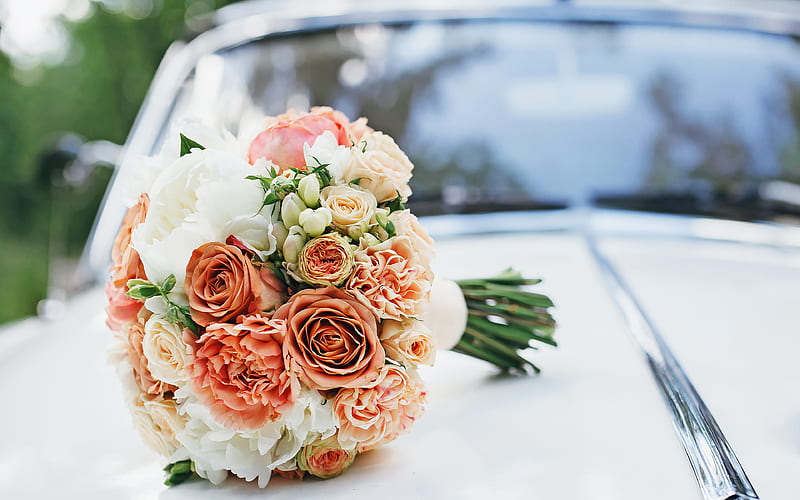 wedding bouquet orange roses, peonies, wedding car, roses, wedding, HD wallpaper