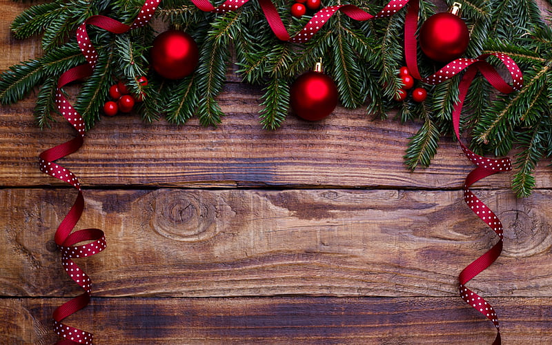 Red Christmas balls, Christmas tree branches, wooden background, boards, decorations, New Year, Christmas, HD wallpaper