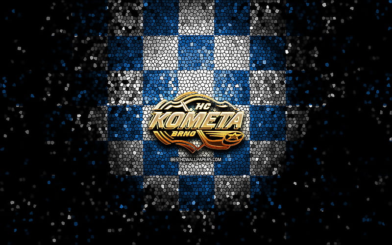 HC Kometa Brno, glitter logo, Extraliga, blue white checkered background, hockey, czech hockey team, HC Kometa Brno logo, mosaic art, czech hockey league, HD wallpaper