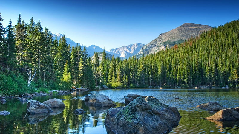 ROCKY MOUNTAIN NATIONAL PARK, forest, Colorado, water, green, mountains, landscapes, Bear lake, trees, HD wallpaper
