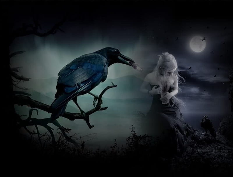 ~The Raven~, raven, fantasy, abstract, fantasy girl, HD wallpaper