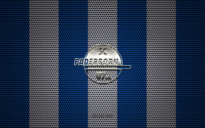 SC Paderborn 07 logo, German football club, metal emblem, blue white metal mesh background, SC Paderborn 07, Bundesliga, Paderborn, Germany, football, HD wallpaper