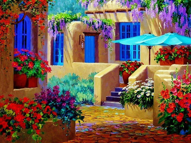 Hermosos cuadros, edificio, paraguas, casas, pintura, hermosos colores,  flores, Fondo de pantalla HD | Peakpx