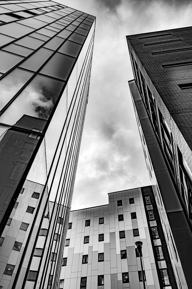 buildings, windows, mirrored, facades, architecture, black and white, HD phone wallpaper