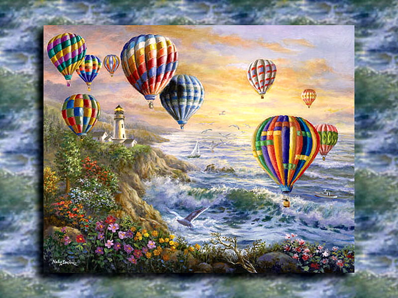 Balloon Festival F5, art, ocean, boehme, nicky boehme, surf, waves, artwork, sea, beach, balloons, painting, flowers, seascape, scenery, HD wallpaper