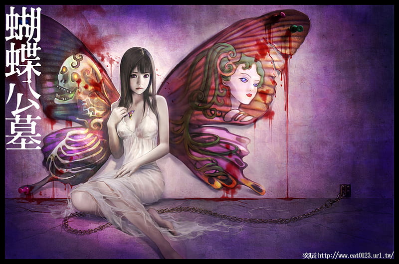 Bloody Wing, chain, butterfly, angel, wing, skull, blood, HD wallpaper