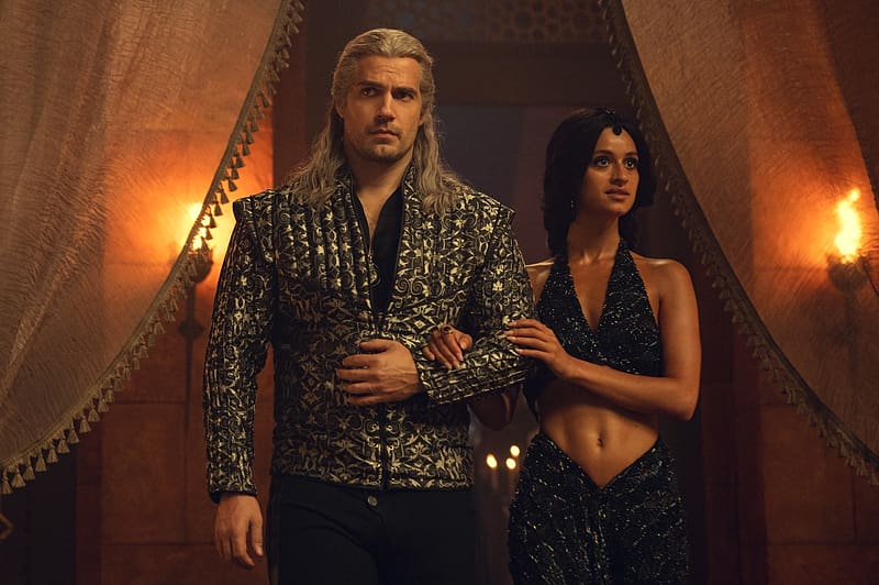 The Witcher 2019 -, the witcher, actress, woman, scene, yennefer, man, anya chalotra, geralt, tv series, couple, actor, henry cavill, HD wallpaper