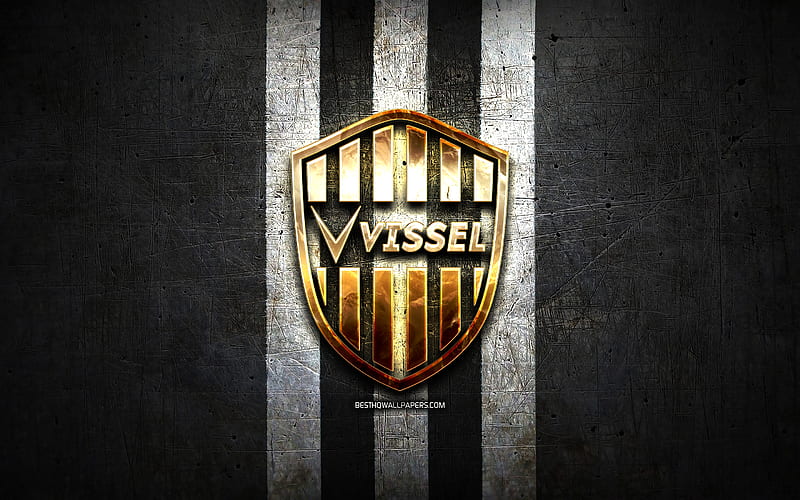 Vissel Kobe FC, golden logo, J1 League, black metal background, football, Vissel Kobe, japanese football club, Vissel Kobe logo, J-League, soccer, japan, HD wallpaper