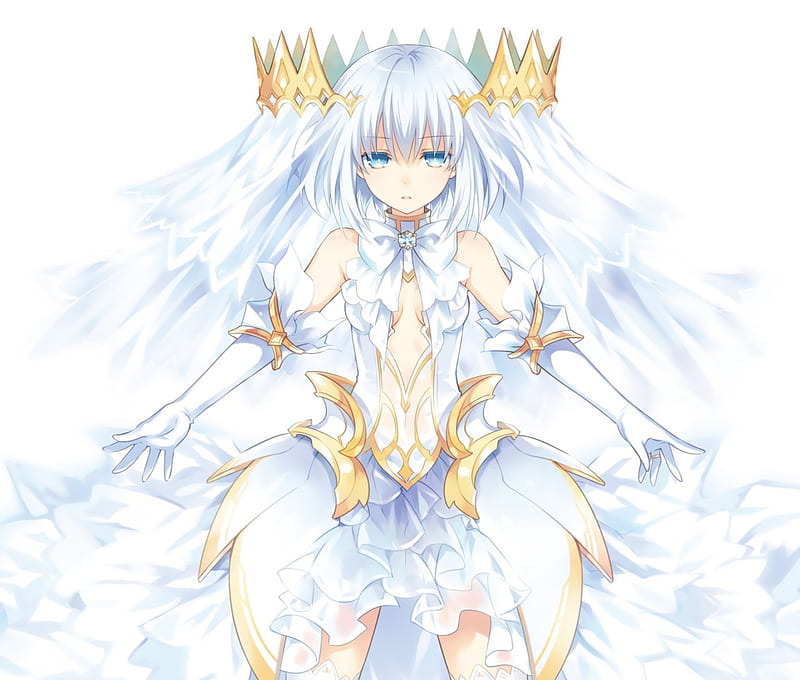 White Queen, pretty, dress, white hair, bride, game, bonito, birde, magic, lights, sweet, nice, fantasy, gloves, anime, beauty, anime girl, long hair, blue eyes, female, wedding dress, sexy, short hair, cute, date a live, cool, tobiichi origami, crown, awesome, HD wallpaper