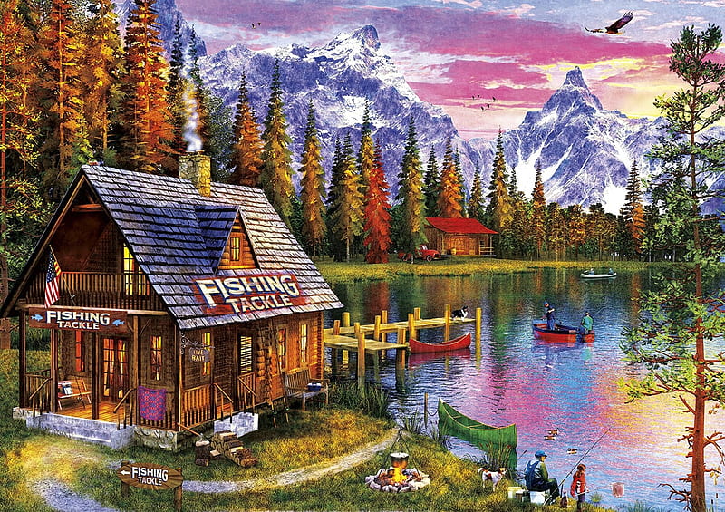 The Fishing Hut, puzzle, lakeside, cabin, mountains, HD wallpaper