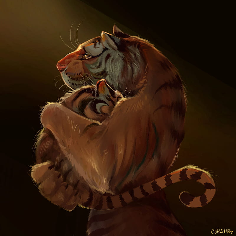 tigers, tiger, cub, hugs, art, HD phone wallpaper